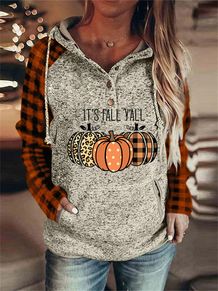 It's Fall Y'all Pumpkins Plaid Patchwork Hoodie artswardrobe