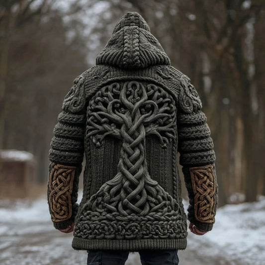 Men's Viking Celtic Knot Tree Of Life Knit Thick Zip Hooded Sweater artswardrobe
