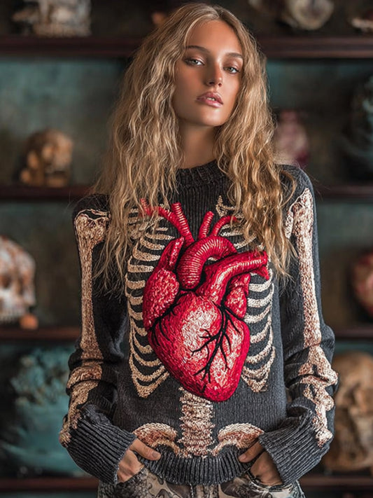 Women Halloween Human Bones Red Heart Embroidery Antique Round Neck Sweater artswardrobe