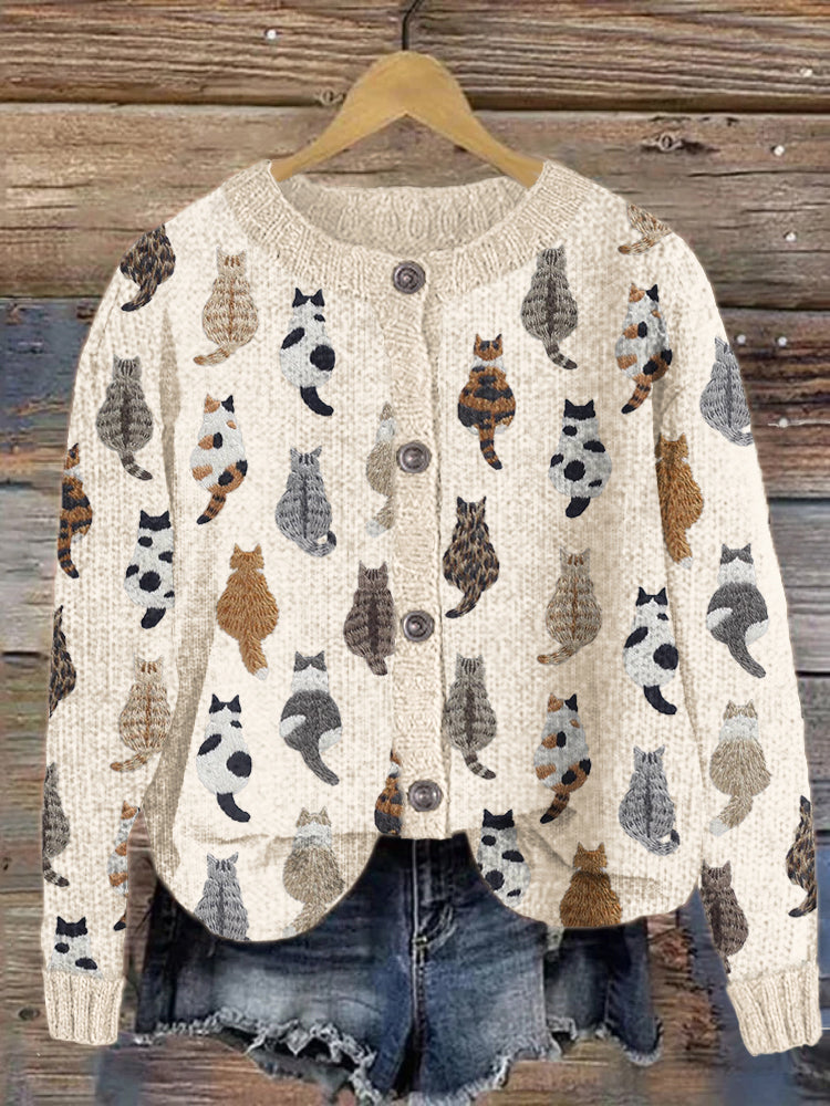 Cute Cats Embroidery Pattern Cozy Knit Cardigan elevenforest
