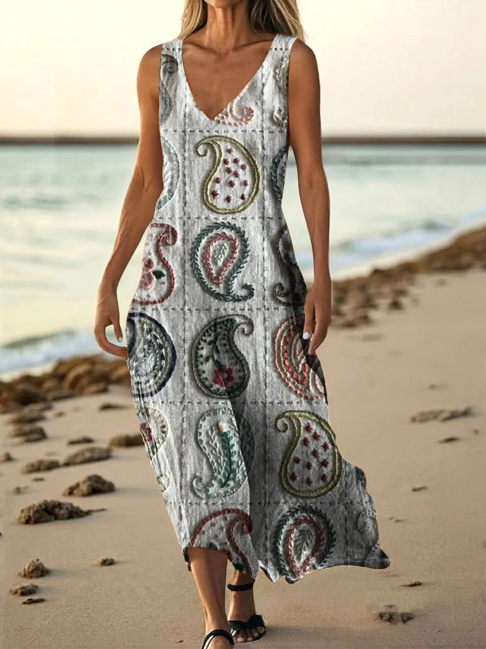 Women's Vintage Perlis Floral Art Print Pocket Cotton Dress