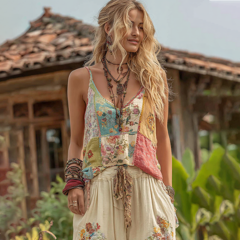 Women's Retro Classy Boho Patchwork Floral Embroidered Art Linen Art Linen And Cotton Camisole artswardrobe