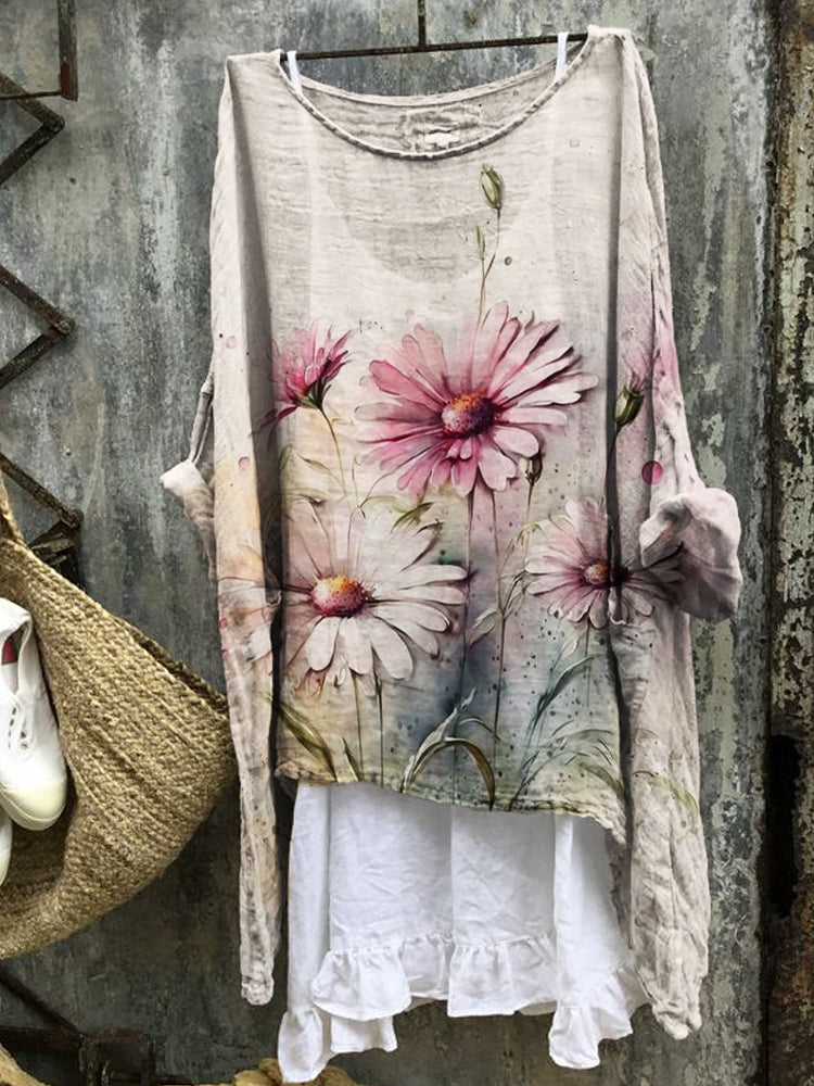 Comstylish Pink Daisies Watercolor Flowy Linen Blend Tunic
