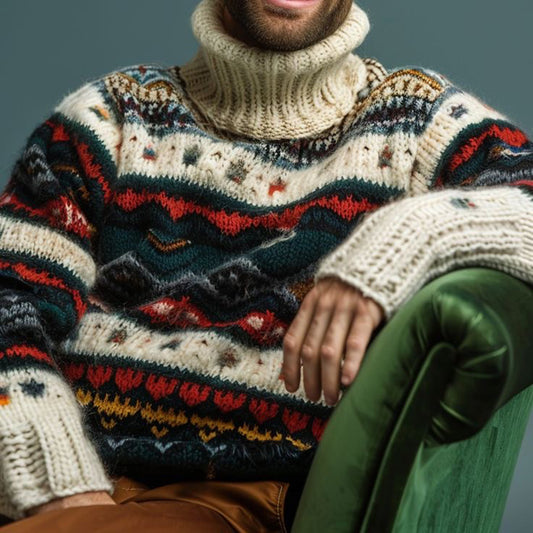 Men's Vingate Ethnic Fair Isle Jacquard Knit Turtleneck Sweater elevenforest