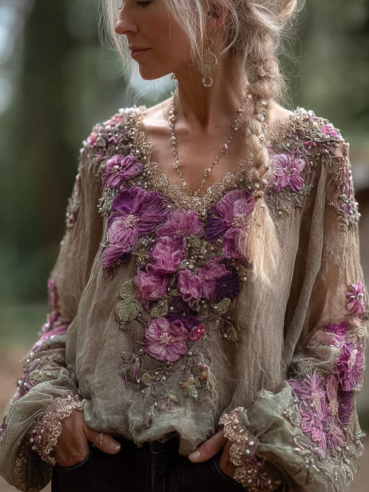 Comstylish Bohemian Style Round Neck Long Sleeve 3d Purple Flower Design Cotton And Linen Top For Women