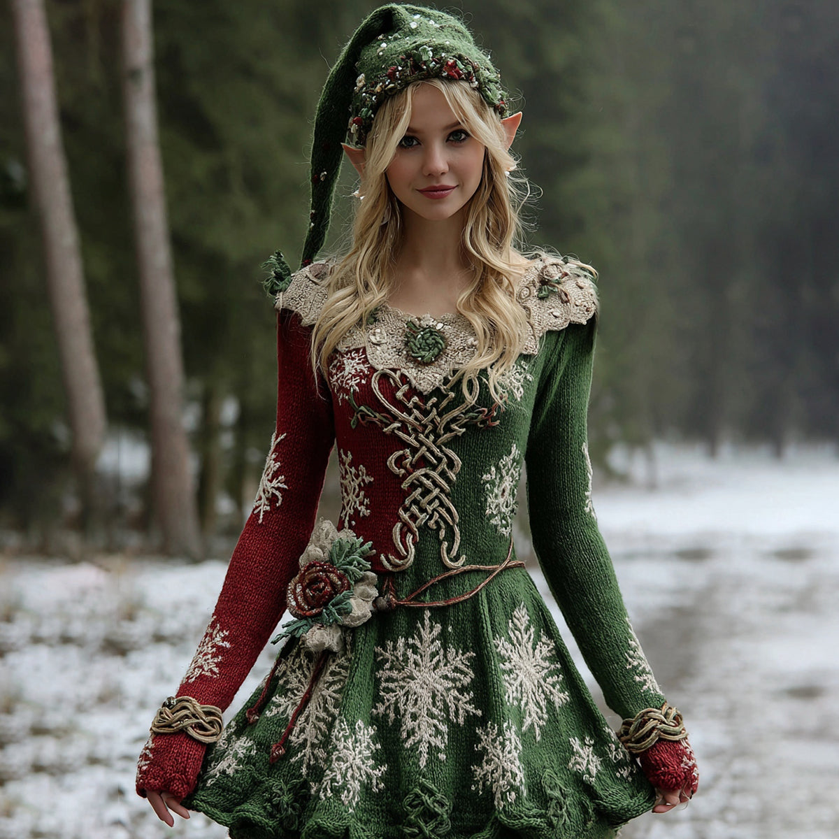 Women's Christmas Snowflake Embroidered Celtic Knot Midi Sweater Dress artswardrobe