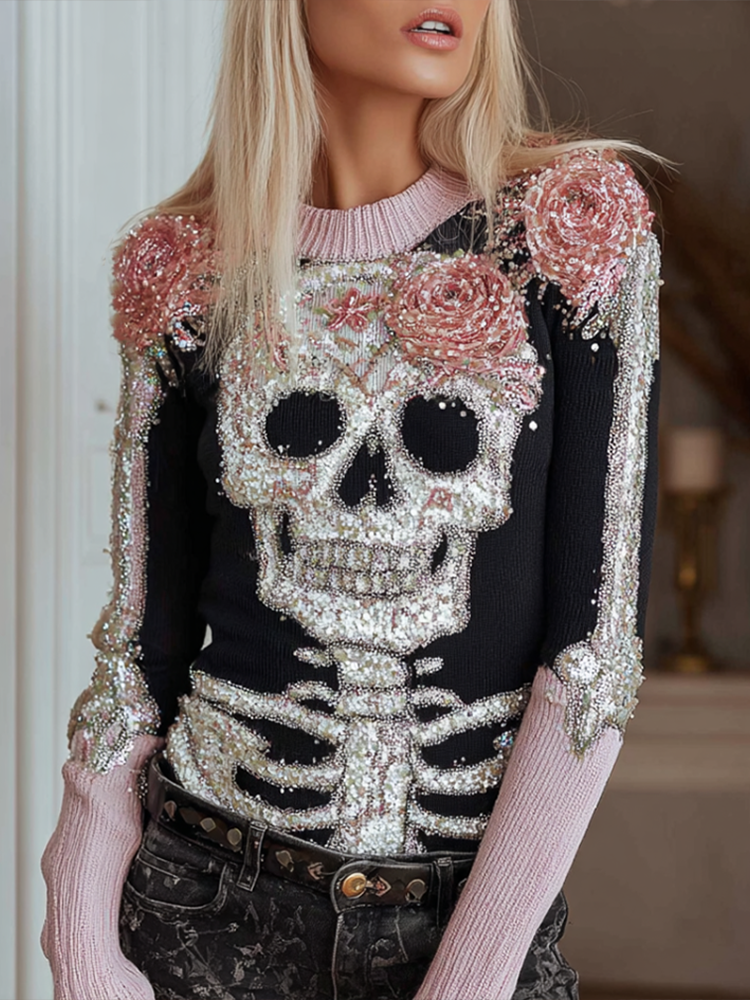 Halloween Skeleton And Plant Flower Pattern Combined Design Women's Knitted Sweater artswardrobe