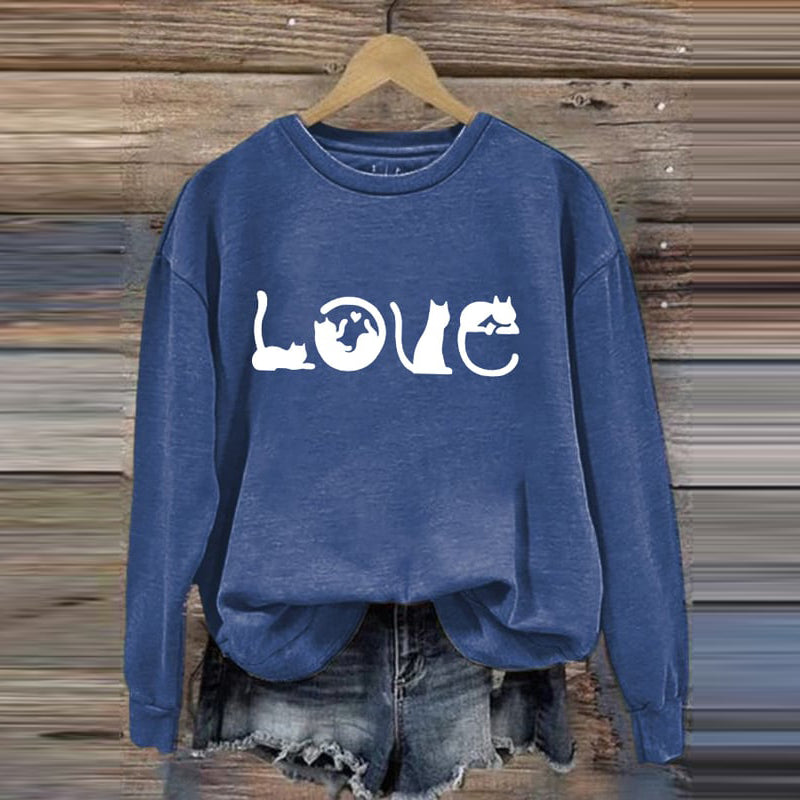 Comstylish Cat Love Printed Round Neck Casual Sweatshirt