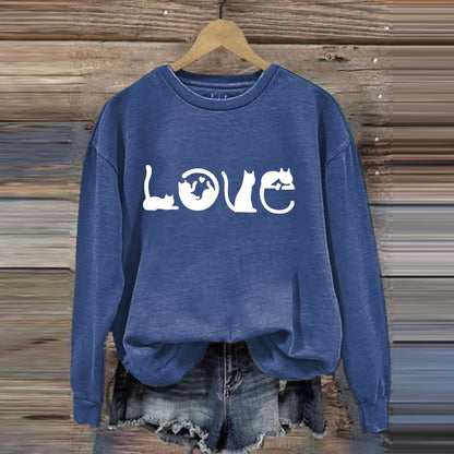 Comstylish Cat Love Printed Round Neck Casual Sweatshirt