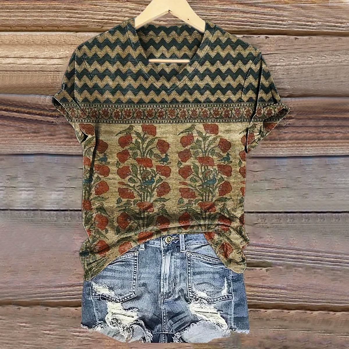 Women's Vintage Bohemian Floral Art Print V-neck Casual T-Shirt