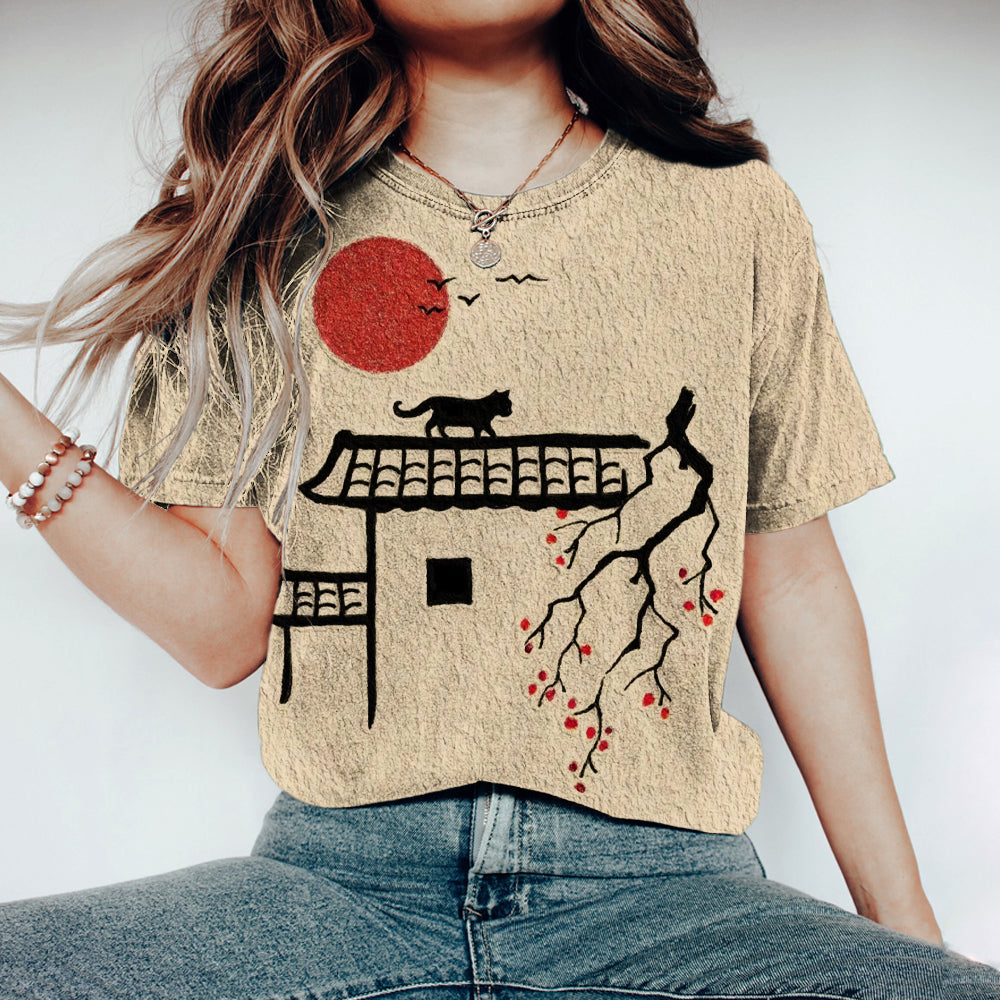 Comstylish Japanese Cat Sunset Print Women's T-shirt