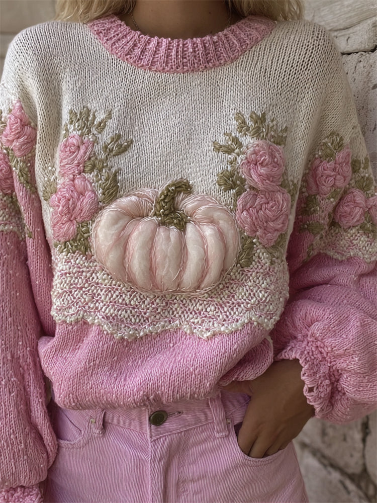 Thanksgiving Pumpkin Pink Floral Lace Contrast Cozy Knit Sweater elevenforest