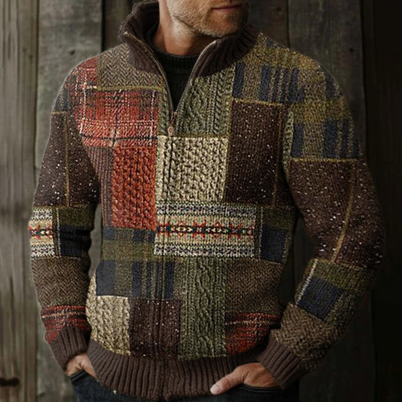 Men's Vintage Patchwork Contrast Zip Sweater artswardrobe