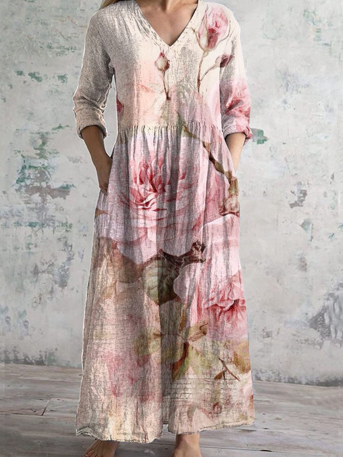 Vintage Floral Print V-neck Dress