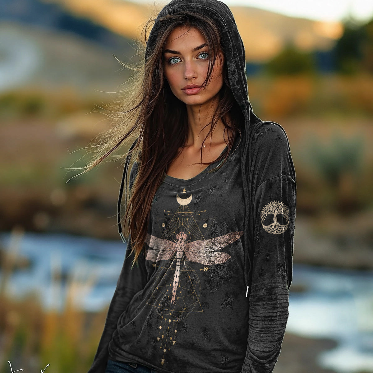 Comstylish Women's Tribal Dragonfly Moon Totem Print Hoodie