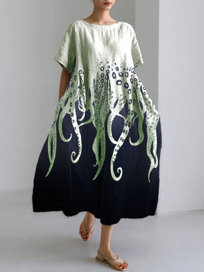 Comstylish Women's Casual Japanese Art Ocean Octopus Print Dress