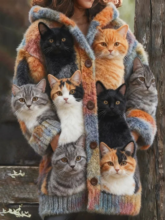 Comstylish Probe Cat Fleece Hooded Cardigan Long Sweater