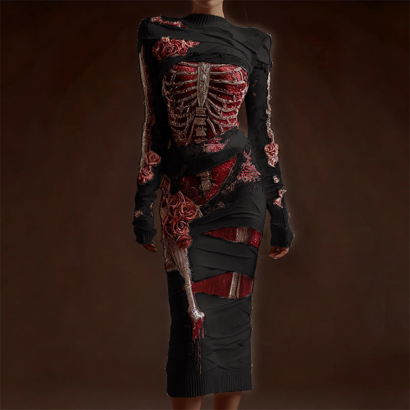 Classy Skeleton Anatomy Bloody Roses Bandages Maxi Sweater Dress artswardrobe