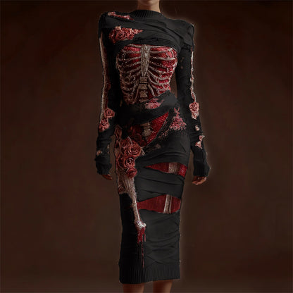 Classy Skeleton Anatomy Bloody Roses Bandages Maxi Sweater Dress artswardrobe