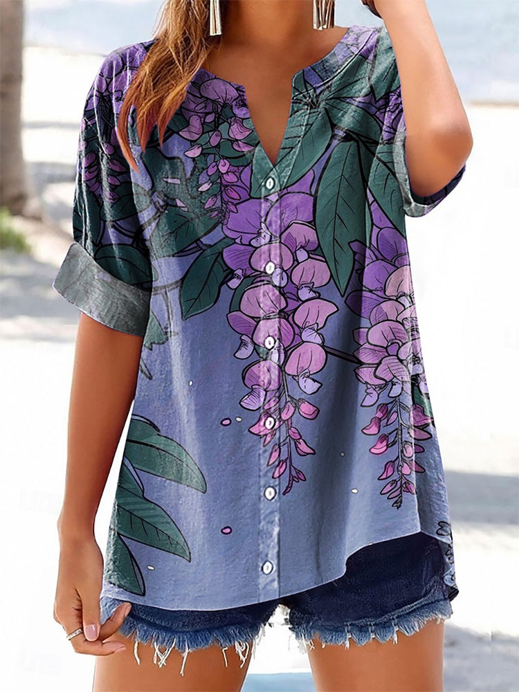 Women's Floral Pattern Art Print Cotton Linen Casual Shirt