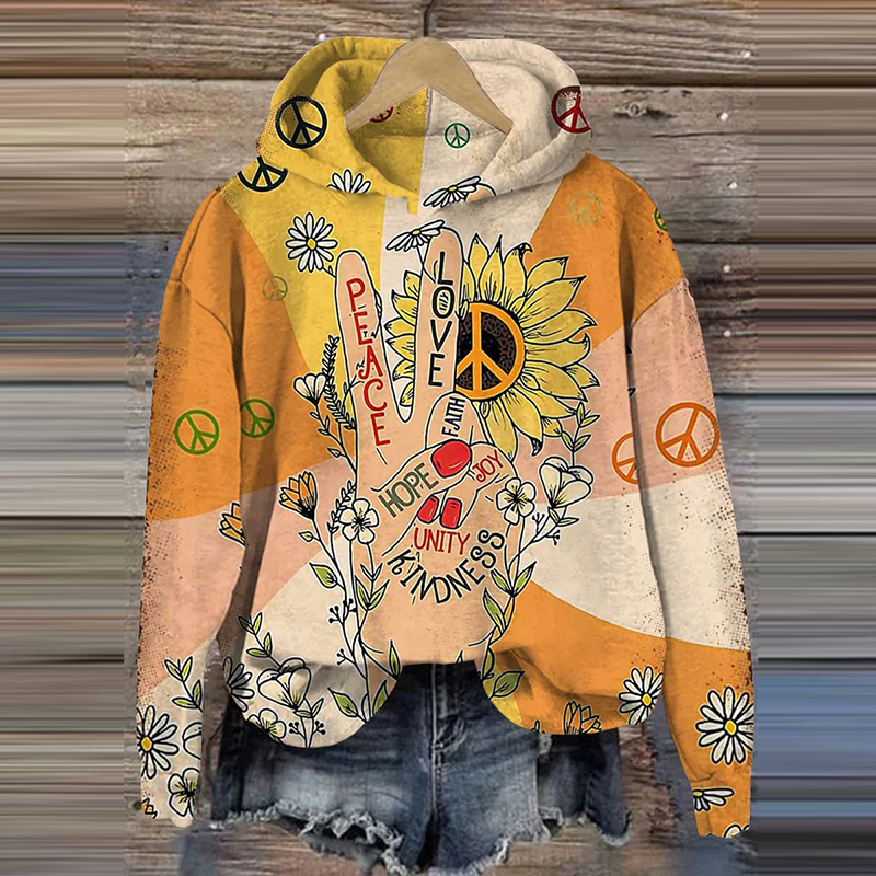 Comstylish Women's Peace And Love Art Print Casual Hoodie