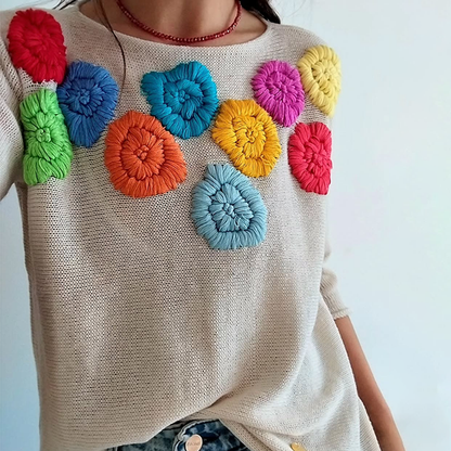 Women's Colorful Floral Relief Art Knitting Patterns Art Cozy Sweater elevenforest