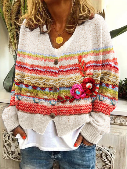 Flowers Crochet Colorful V Neck Cozy Knit Isle Cardigan artswardrobe