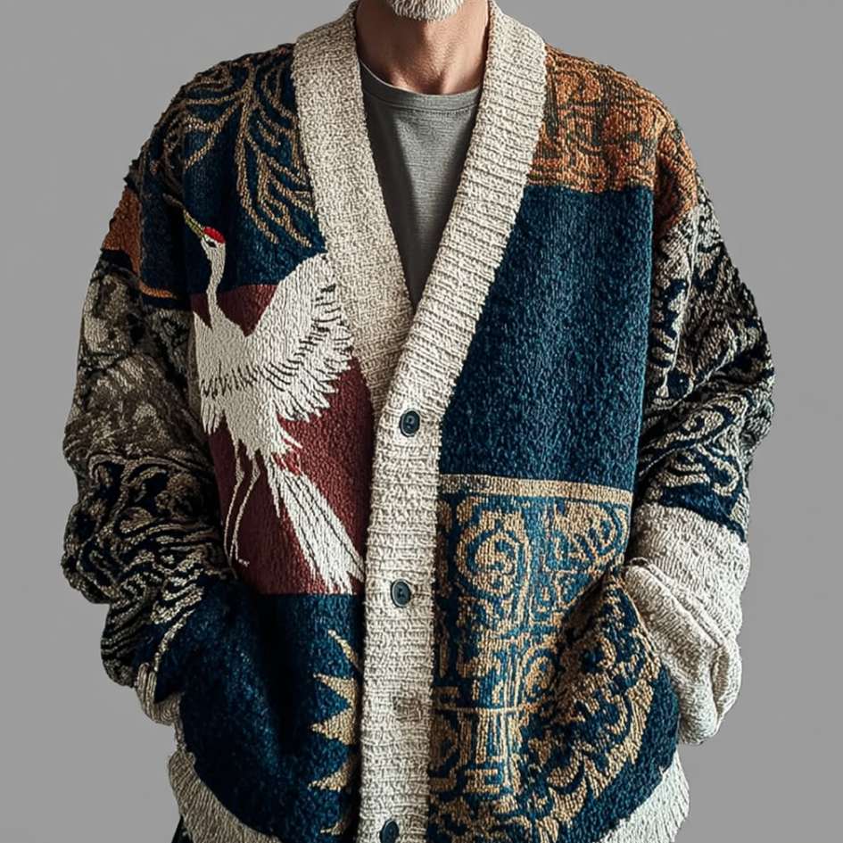 Japanese Art Style Crane And Geometric Color Block Plant Flower Pattern Men's Retro Cardigan Sweater Jacket artswardrobe
