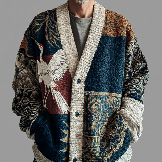 Japanese Art Style Crane And Geometric Color Block Plant Flower Pattern Men's Retro Cardigan Sweater Jacket artswardrobe