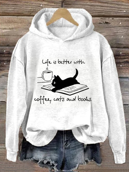 Life Is Better With Coffee Cats And Books Print Casual Hoodie elevenforest