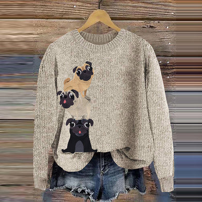 Comstylish Cute Pug Embroidery Art Women's Cozy Sweater