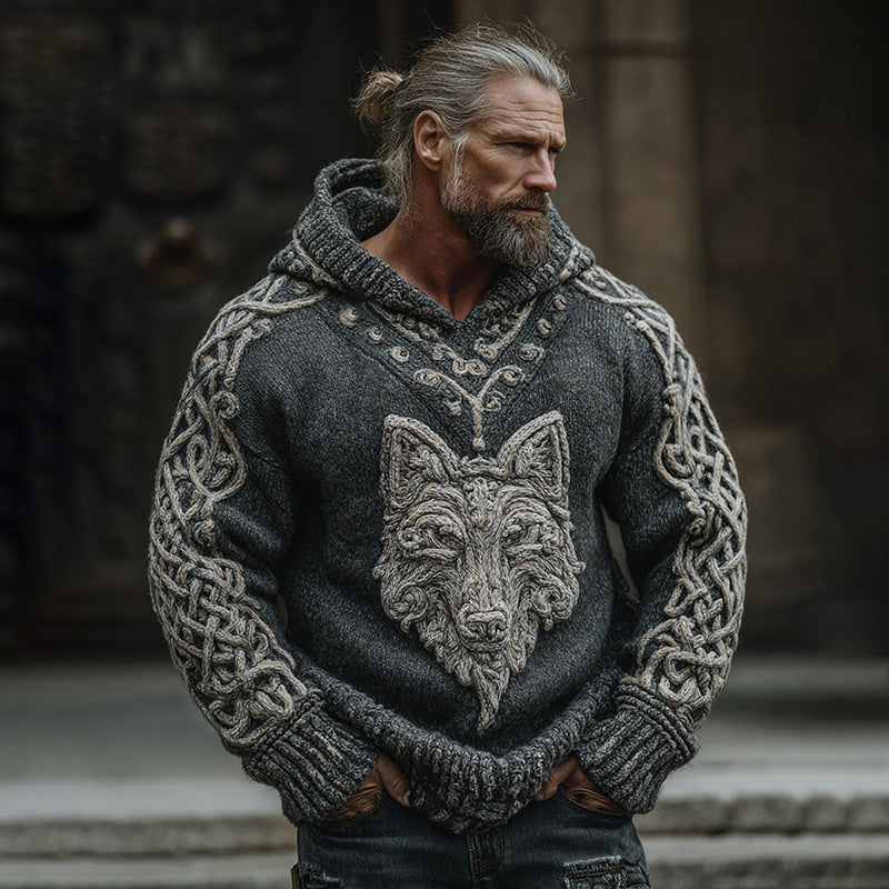 Men's Viking Wolf Celtic Jacquard Knit Hoodie Sweater artswardrobe