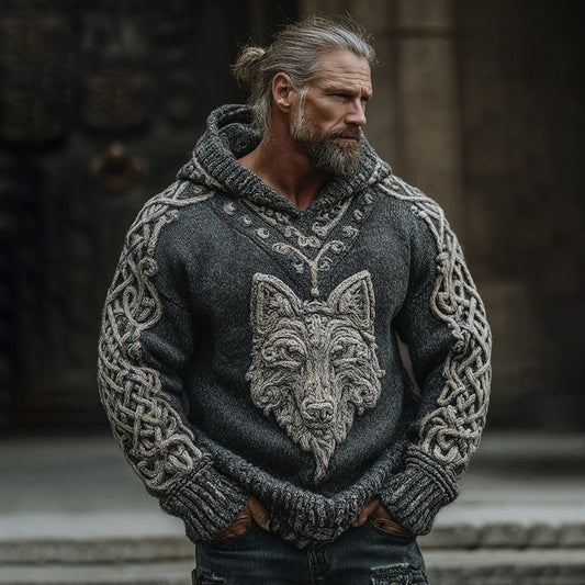 Men's Viking Wolf Celtic Jacquard Knit Hoodie Sweater artswardrobe