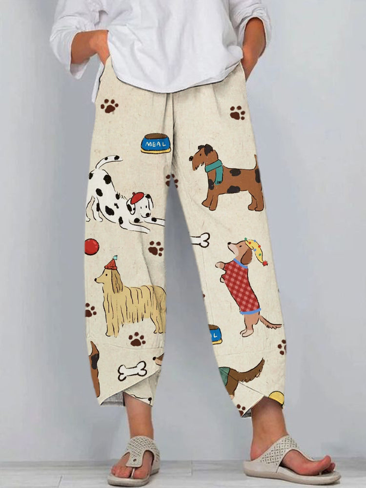 Comstylish Funny Puppies Print Women's Linen Pants
