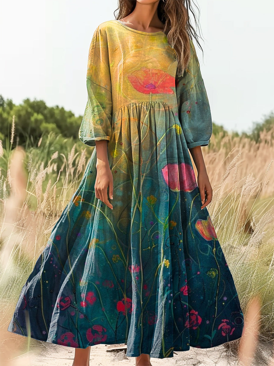 Women's Vintage Floral Art Print Flowy Cotton Crew Neck Dress