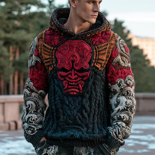 Japanese Flame Claw Oni & Ocean Art Men's Chunky Knit Hooded Sweater artswardrobe