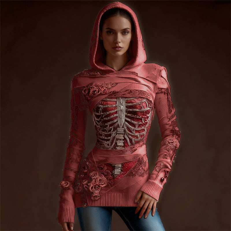 Classy Skeleton Anatomy Bloody Roses Bandages Hooded Sweater artswardrobe