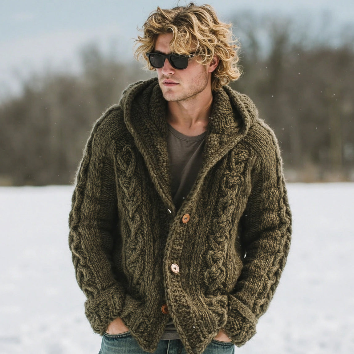 Men's Vintage Fairman Island Cable Knit Warm Buttons Hooded Sweater Cardigan elevenforest