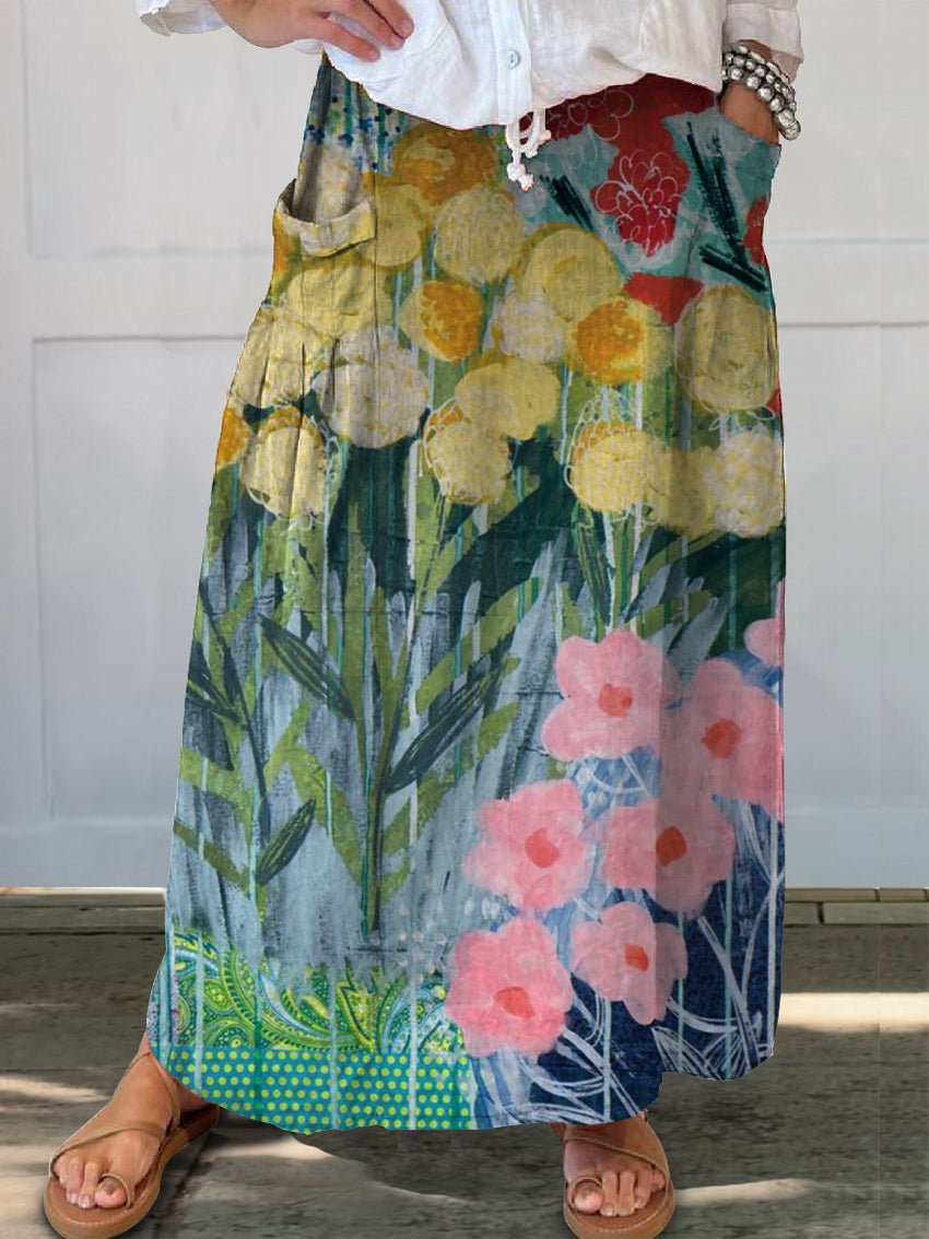 Women's Floral Art Printed Linen Pocket Skirt