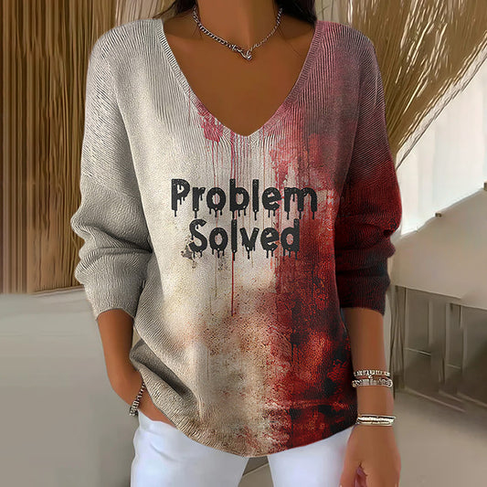 Classic Halloween Problem Solve Art Inspired V Neck Cozy Knit Sweater artswardrobe