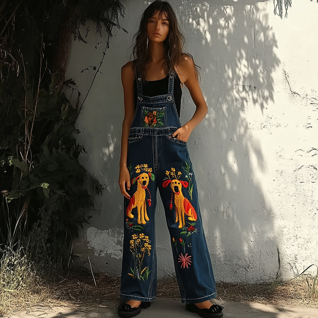 Comstylish Vintage Dog And Flowers Oil Painting Art Overall Jeans