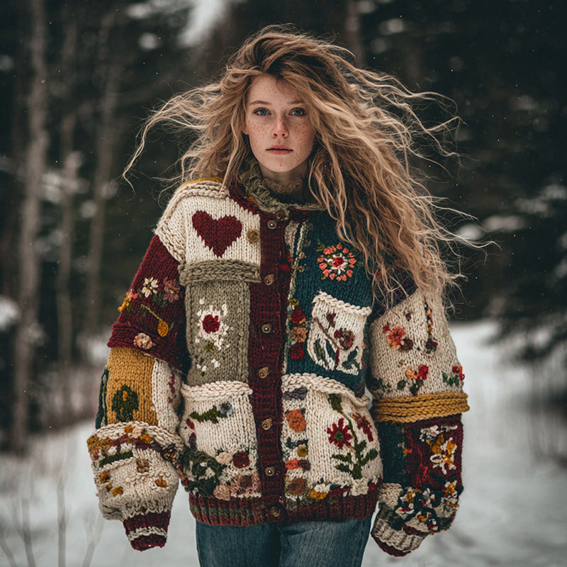 Floral Heart Patchwork Button Warm Cardigan Sweater artswardrobe