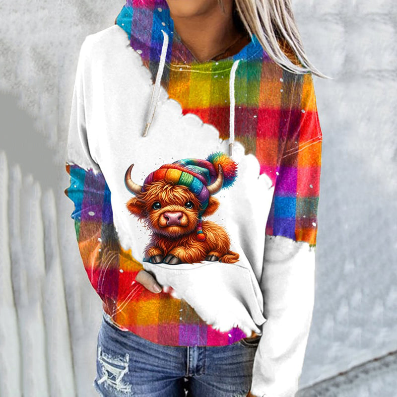 Comstylish Women's Retro Winter Highland Cattle Print Casual Hooded