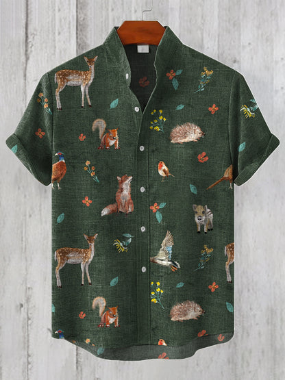 Men's Forest Animals Print Linen Blend Vintage Shirt artswardrobe