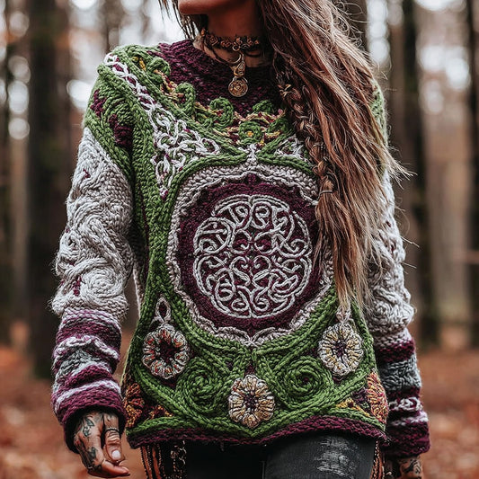 Women's Viking Celtic Knot Rune Knit Jacquard Sweater artswardrobe