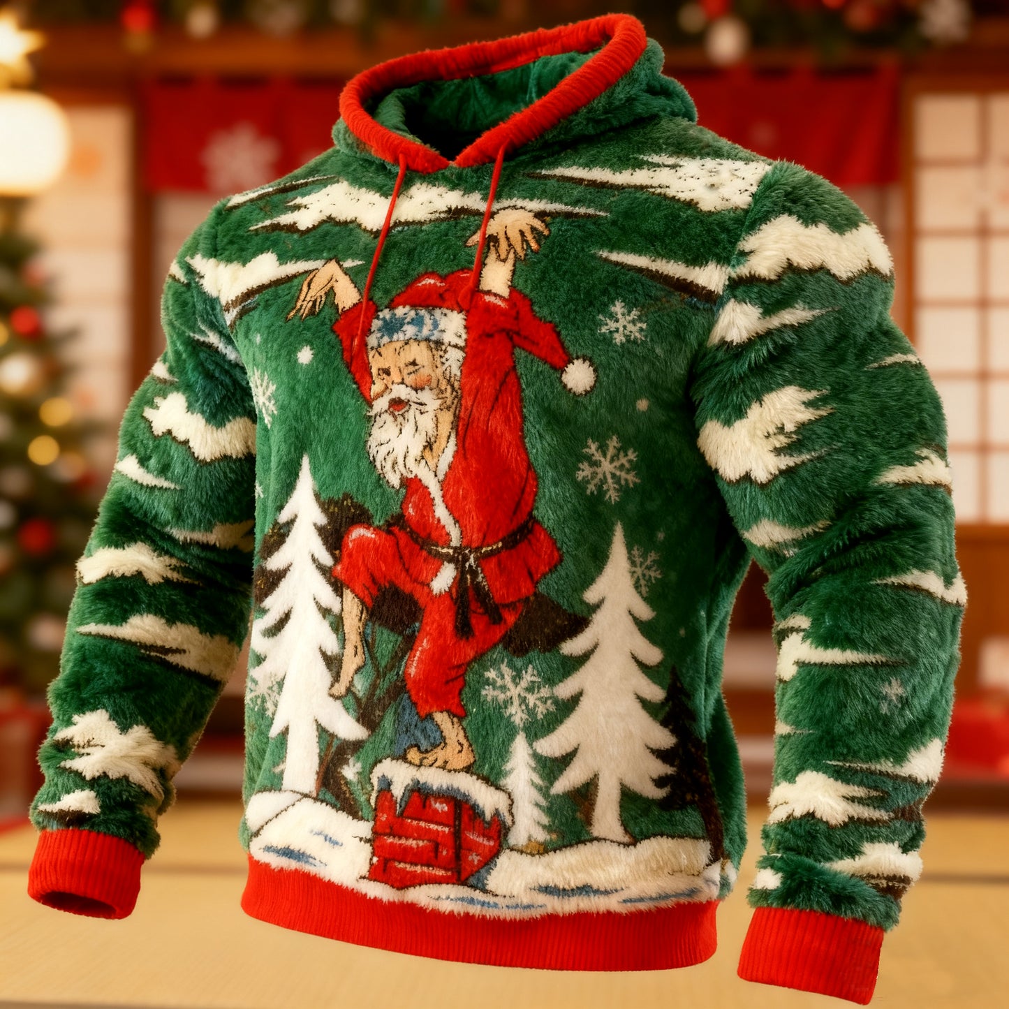 Comstylish Men's Funny Karate Santa Japanese Art Ugly Christmas Flannel Hoodie