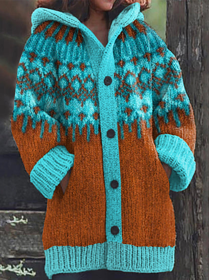 Retro Ethnic Geometric Pattern Contrast Sweater Cardigan elevenforest