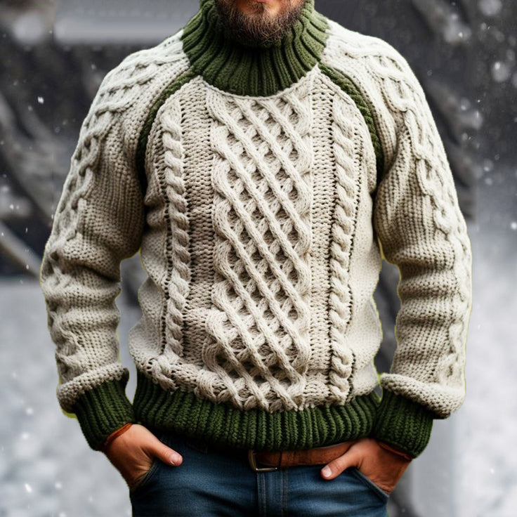 Men's Warm Contrast Color Clan Pattern Turtleneck Aran Sweater elevenforest