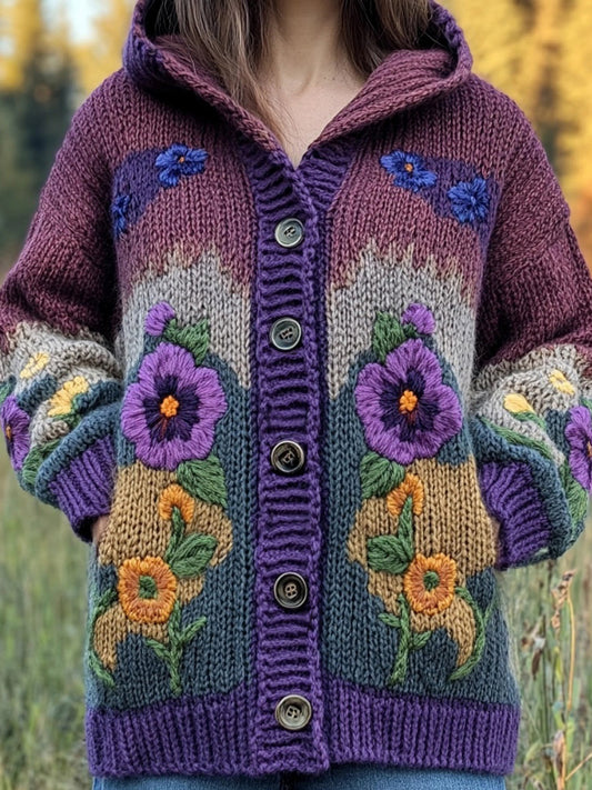 Vintage Flower Embroidered Cozy Chunky Hooded Cardigan artswardrobe