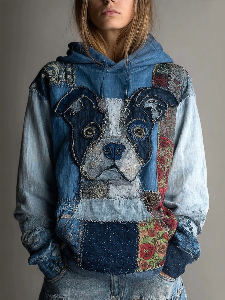 Comstylish Cute Dog Boho Floral Embroidered Patchwork Cozy Hoodie